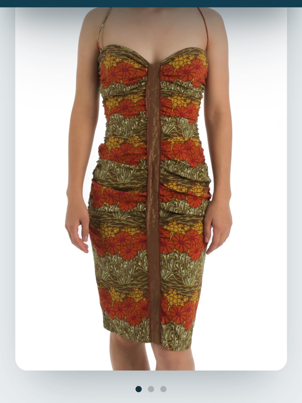 Vintage Silk/Spandex Floral Ruched Strap Dress in Olive, Orange & Mustard